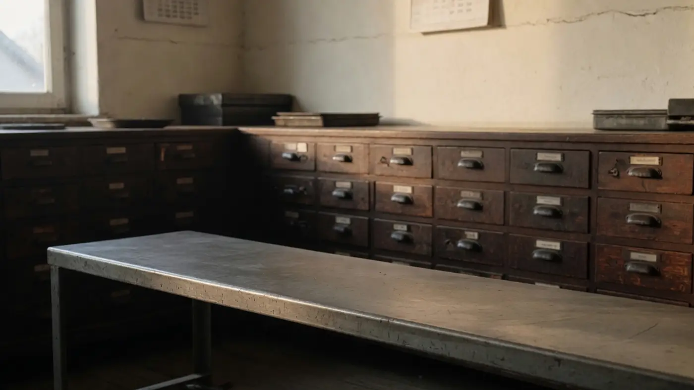 The parts room from the doorway, with an empty steel bench and rows of wooden drawers