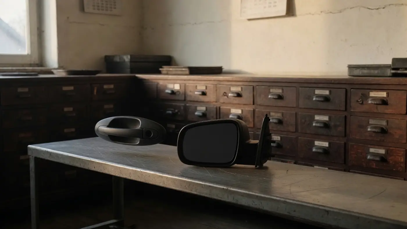 A door handle and a side mirror on a steel bench