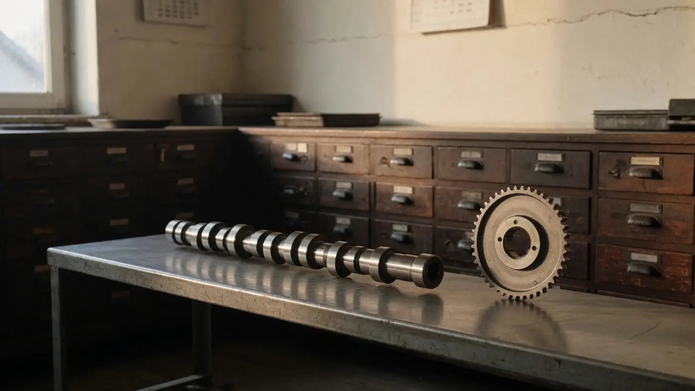 A camshaft and a timing sprocket on a steel bench