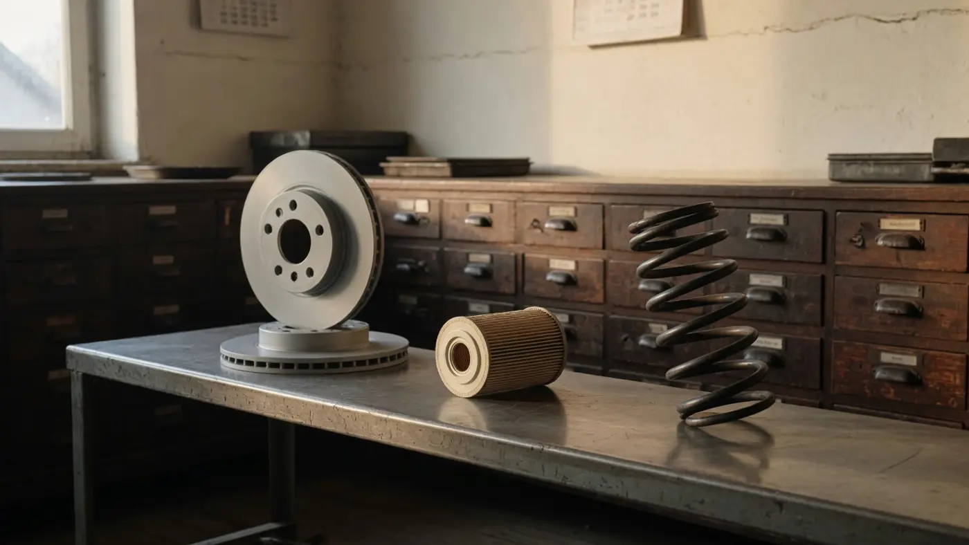 A brake disc, an oil filter, and a coil spring on a steel bench