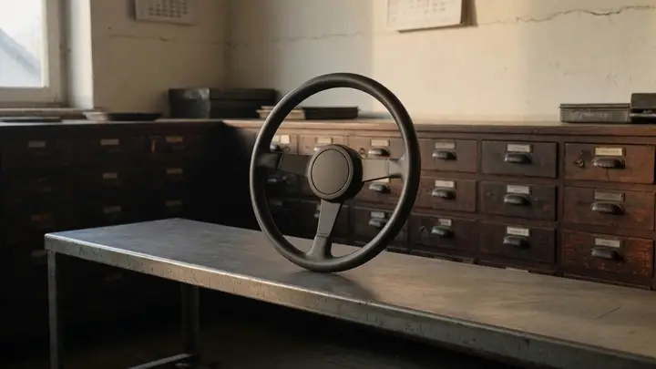 A plain three-spoke steering wheel standing on a steel bench