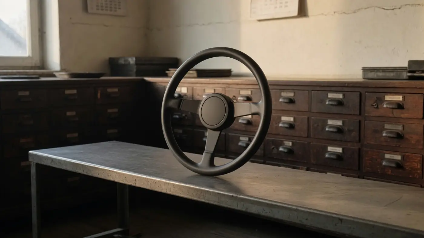 A plain three-spoke steering wheel standing on a steel bench