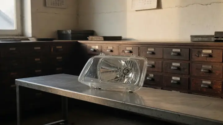 A clear headlamp lens on a steel bench