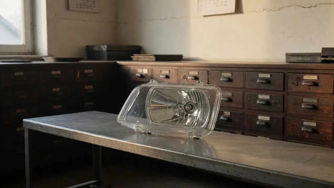 A clear headlamp lens on a steel bench